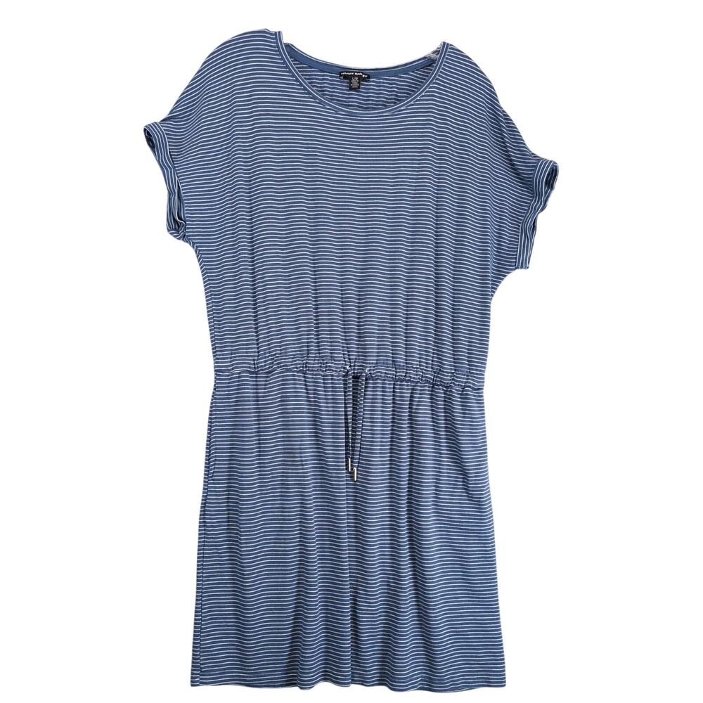 Hilary Radley Blue Striped Drawstring Waist Dress L Cuff Dolman Cap Slv Stretch